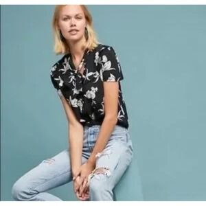 Anthropologie Maeve Adagio Tie Collar Blouse Womens S Floral Ruffle Boho Classic